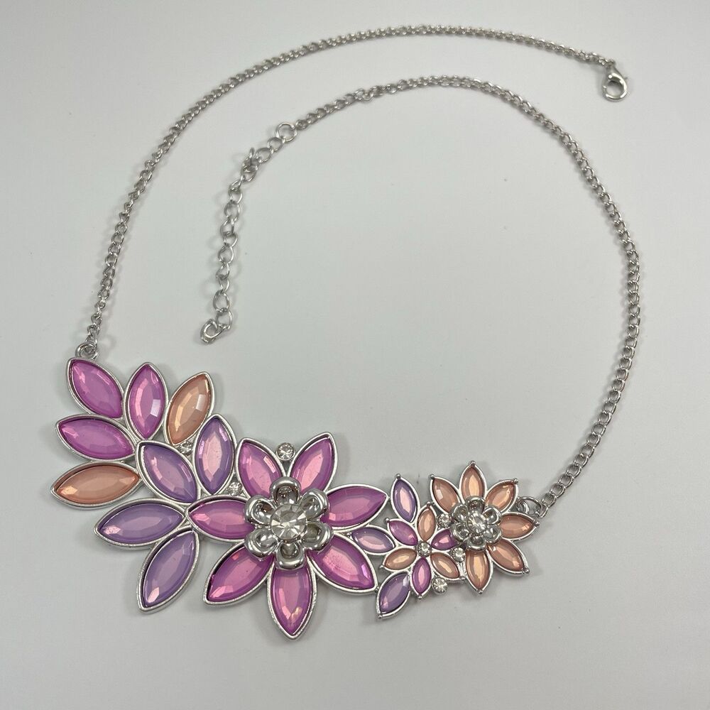 Silver Tone Flower Floral Enamel Bib Collar Statement Necklace Boho Spring